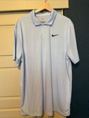 Nike Men’s Light Blue and White Striped Polo with Black Swoosh